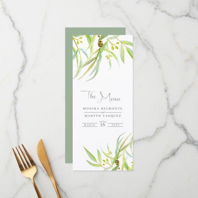 Eucalyptus leaves watercolor wedding menu (Front/Back In Situ)