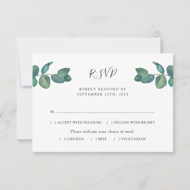 Eucalyptus Leaves Watercolor Wedding RSVP (Front)
