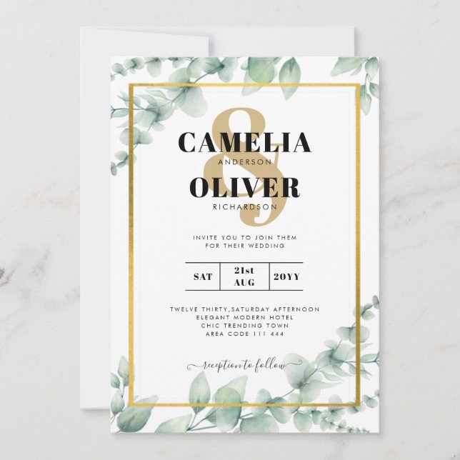 Eucalyptus Leaves WEDDING Greenery GOLD QR CODE  Invitation (Front)
