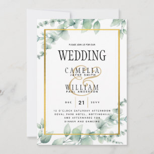 Eucalyptus Leaves WEDDING Greenery GOLD QR CODE Invitation