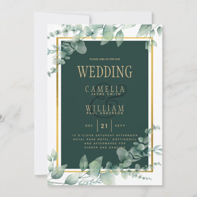 Eucalyptus Leaves WEDDING Greenery GOLD QR CODE  Invitation (Front)