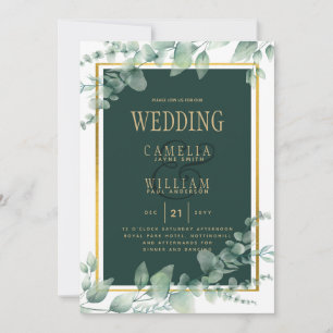 Eucalyptus Leaves WEDDING Greenery GOLD QR CODE Invitation
