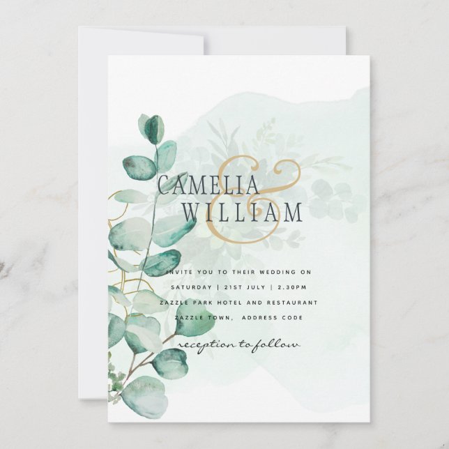 Eucalyptus Leaves Wedding Greenery QR CODE Modern Invitation (Front)