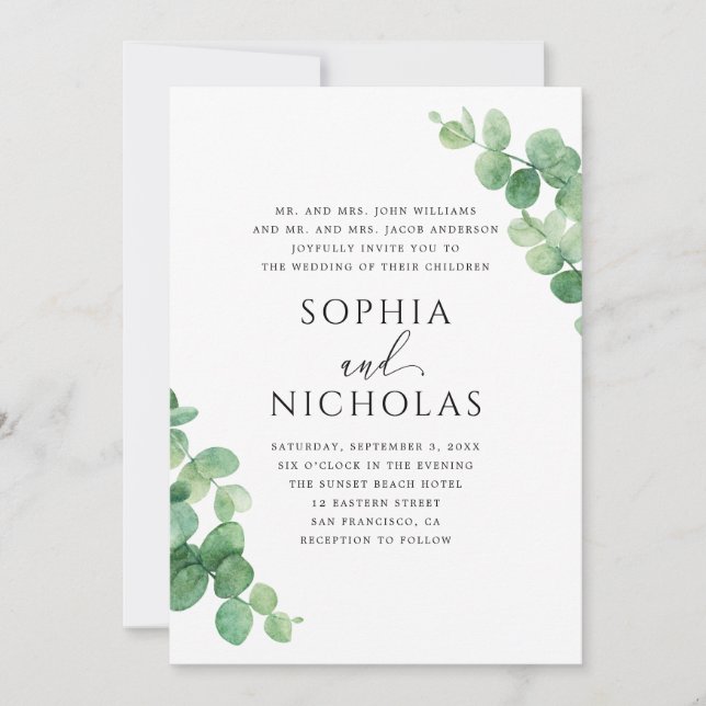 Eucalyptus Leaves Wedding. Outdoor Greenery Garden Invitation (Front)
