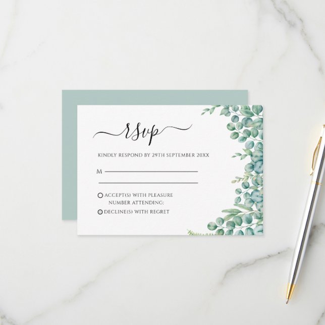Eucalyptus Leaves Wedding RSVP Card (Front/Back In Situ)