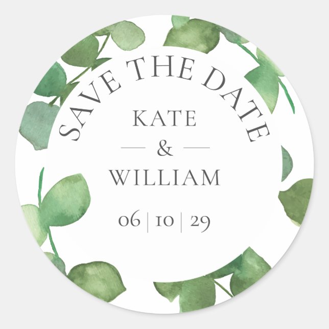 Eucalyptus Leaves Wedding Save the Date Favour Classic Round Sticker (Front)