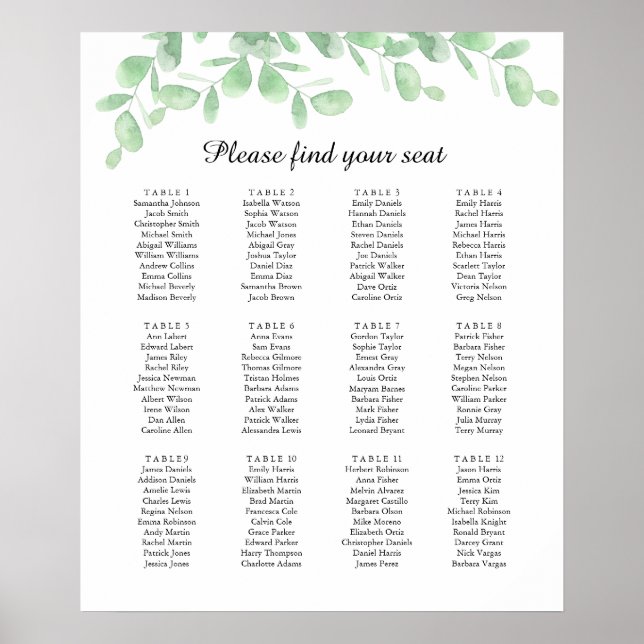 Eucalyptus leaves. Wedding Seating Chart Poster (Front)