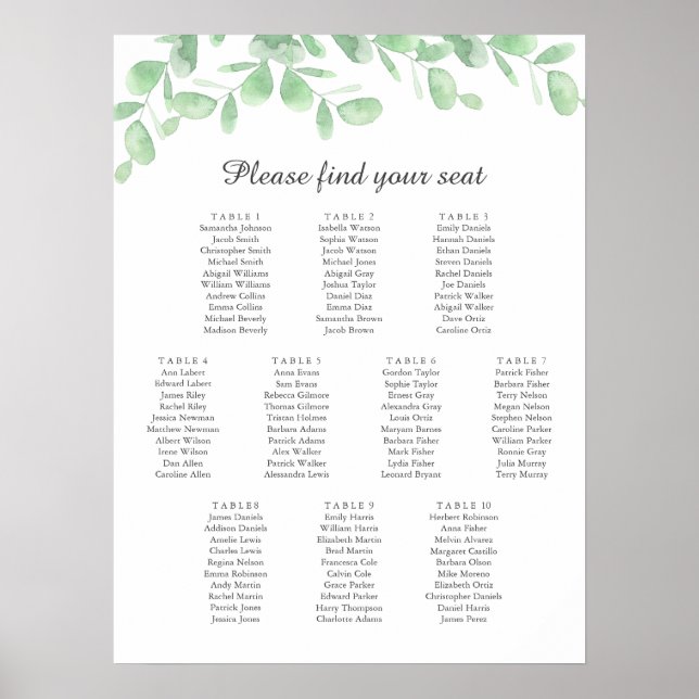 Eucalyptus leaves. Wedding Seating Chart Poster (Front)