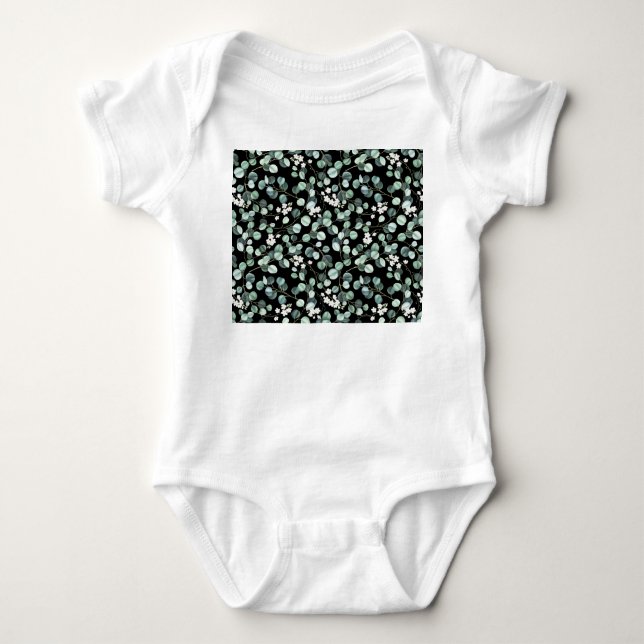Eucalyptus Leaves: White Flowers Pattern Baby Bodysuit (Front)