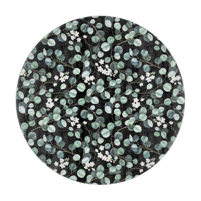 Eucalyptus Leaves: White Flowers Pattern Cutting Board (Front)