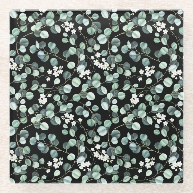Eucalyptus Leaves: White Flowers Pattern Glass Coaster (Front)