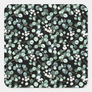 Eucalyptus Leaves: White Flowers Pattern Square Sticker