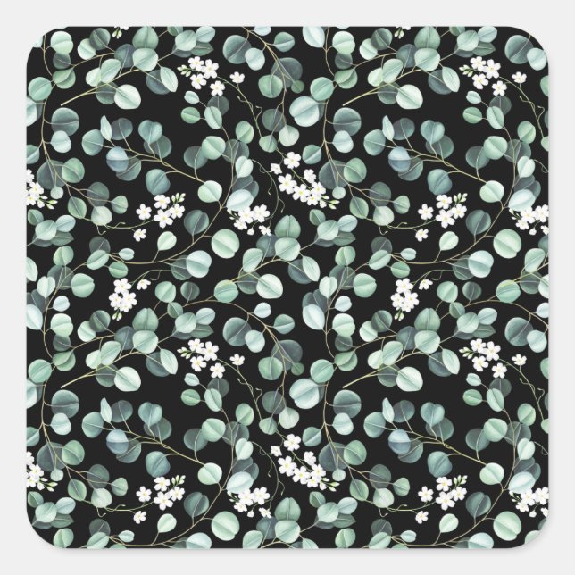 Eucalyptus Leaves: White Flowers Pattern Square Sticker (Front)