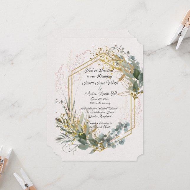 Eucalyptus Leaves With Gold Accents and Frame  Invitation (Front/Back In Situ)