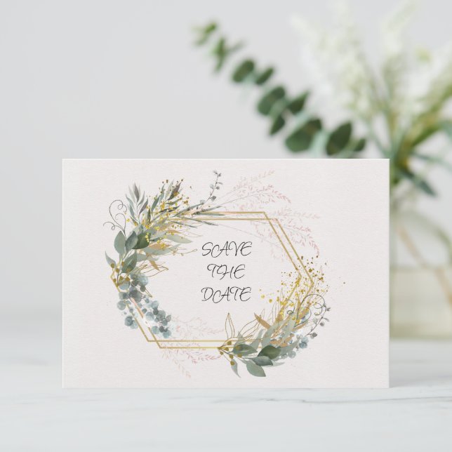 Eucalyptus Leaves With Gold Accents and Frame Save The Date (Standing Front)