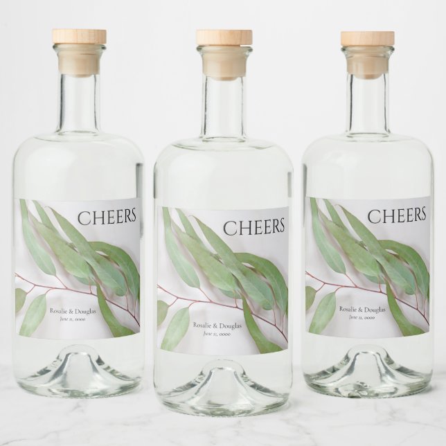 Eucalyptus leaves with shadows wedding liquor bottle label (Bottles)