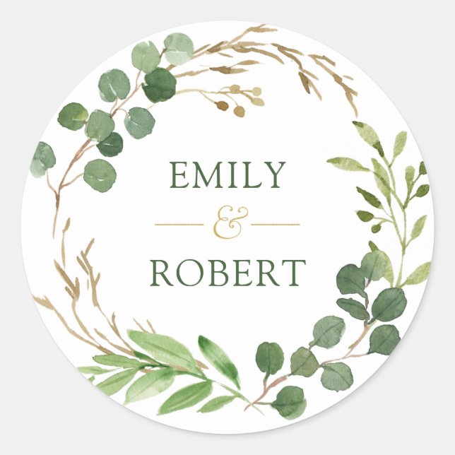 Eucalyptus Leaves Wreath Gold Accents Classic Round Sticker (Front)