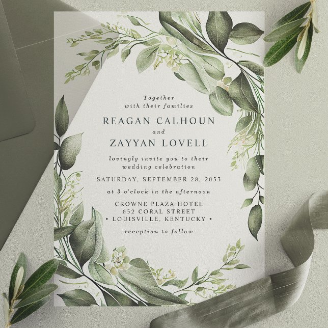 Eucalyptus Leaves Wreath Modern Wedding Vellum Invitations (Creator Uploaded)