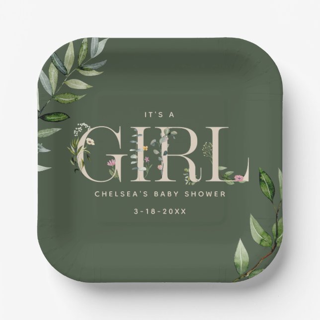 Eucalyptus Lettering Green Girl Baby Shower Paper Plate (Front)