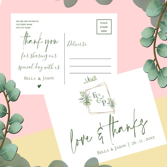 Eucalyptus Love Thanks Greenery Wedding Thank You Postcard (Eucalyptus Love Thanks Greenery Wedding Thank You Postcard)
