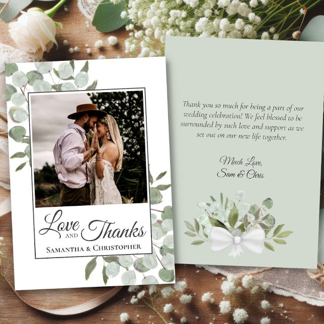 Eucalyptus Love & Thanks Photo & Note Wedding Thank You Card (Front/Back)