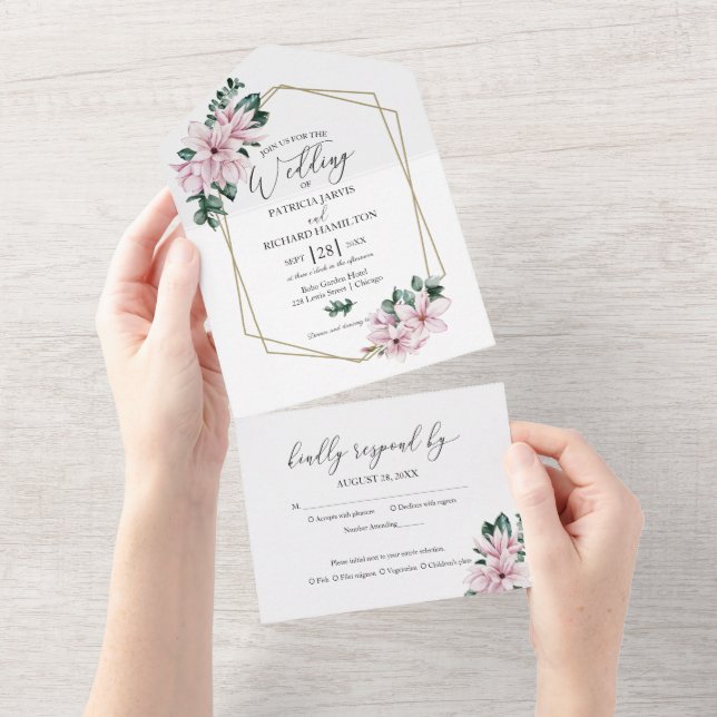 Eucalyptus Magnolia Floral Geometric Wedding All In One Invitation (Tearaway)