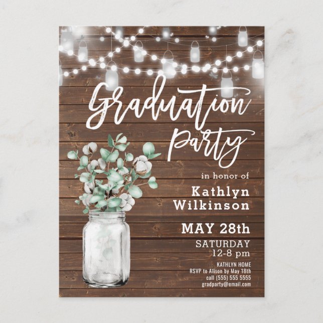 Eucalyptus Mason Jar Photo Graduation Invitation Postcard (Front)