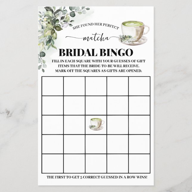 Eucalyptus Matcha Bridal Shower Bingo Game Card (Front)
