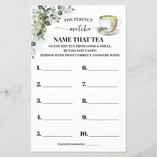 Eucalyptus Matcha Name that Tea Shower Game Card (Front)