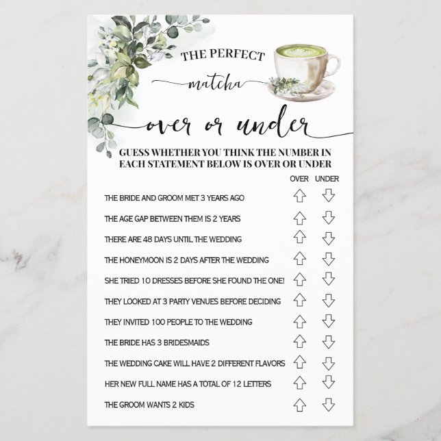 Eucalyptus Matcha Over or Under Shower Game Card (Front)