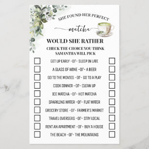 Eucalyptus Matcha Would She Rather Shower Game Flyer