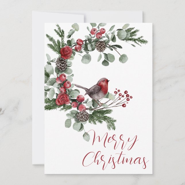 Eucalyptus Merry Christmas Bird Holiday Card (Front)