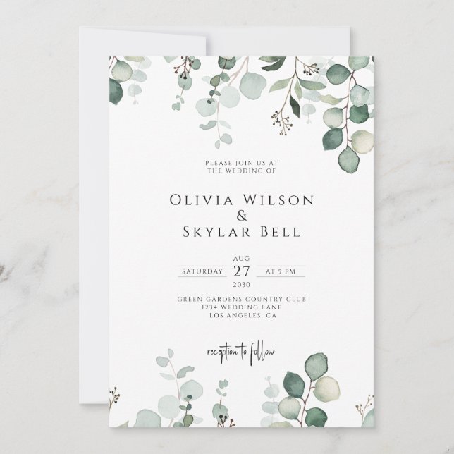 Eucalyptus Minimal Botanical QR All In One WeddinG Invitation (Front)