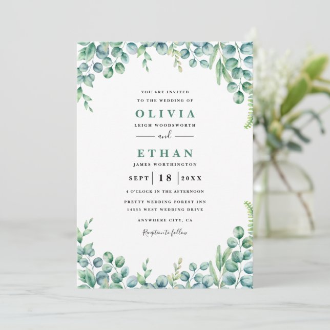 Eucalyptus Minimalist Wedding Invitation (Standing Front)
