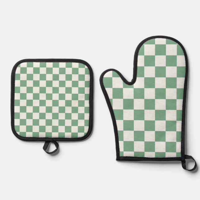 Eucalyptus mist checkerboard pattern oven mitt & pot holder set (Front)