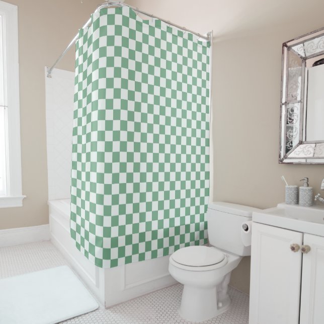 Eucalyptus mist checkerboard pattern shower curtain (In Situ)