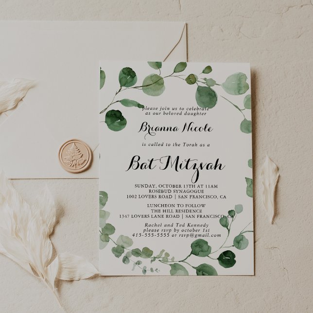 Eucalyptus Modern Calligraphy Bat Mitzvah  Invitation (Creator Uploaded)