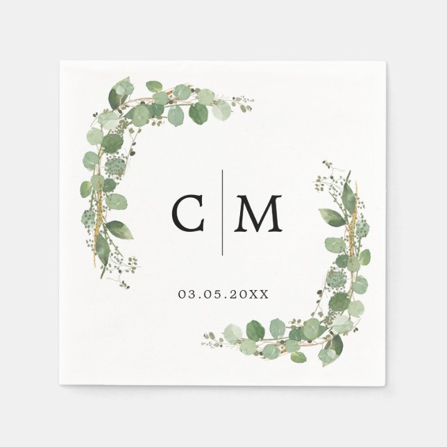 Eucalyptus Modern Calligraphy Monogram Wedding Napkin (Front)