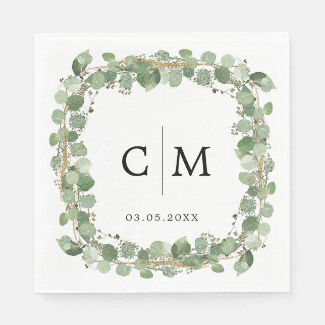 Eucalyptus Modern Calligraphy Monogram Wedding Napkin (Front)