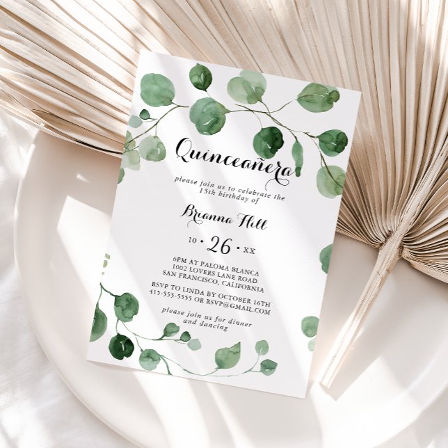 Eucalyptus Modern Calligraphy Quinceañera  Invitation (Creator Uploaded)