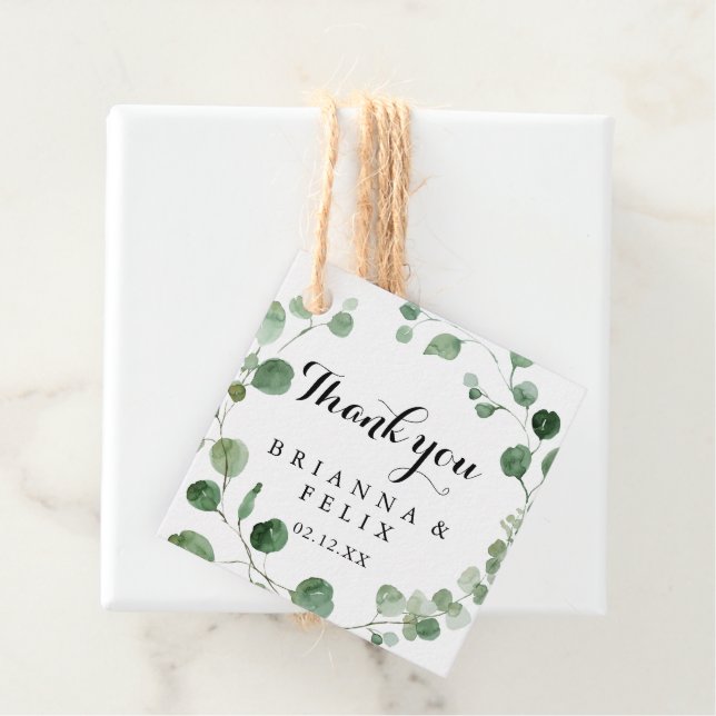 Eucalyptus Modern Calligraphy Wedding Favour Tags (In Situ)