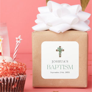 Eucalyptus Modern Cross Baptism Favours Square Sticker