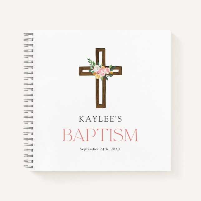 Eucalyptus Modern Cross Baptism Guestbook Notebook (Front)