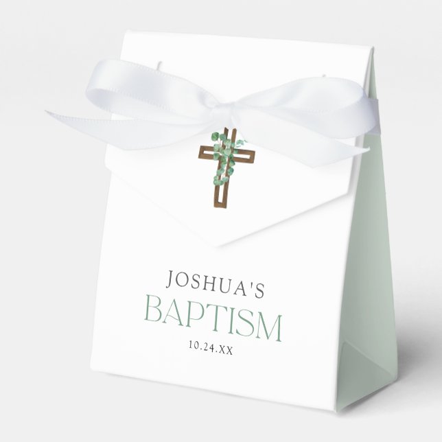 Eucalyptus Modern Cross Baptism Party Favours Favour Box (Front Side)