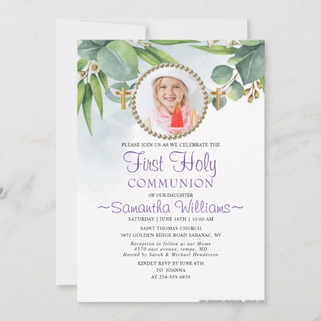 Eucalyptus Modern Photo First Communion Invitation (Front)
