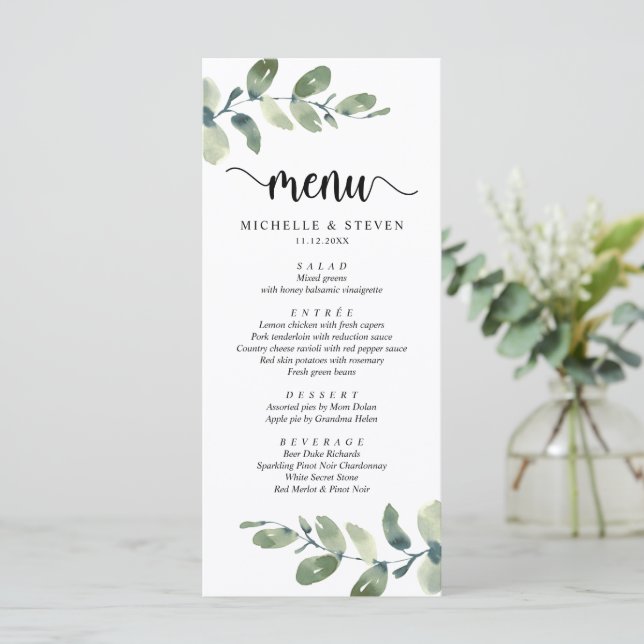 Eucalyptus Modern Rustic Wedding Elopement Dinner  Menu (Standing Front)