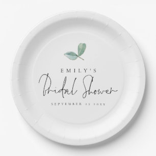 Eucalyptus Modern Script Name Date Bridal Shower Paper Plate