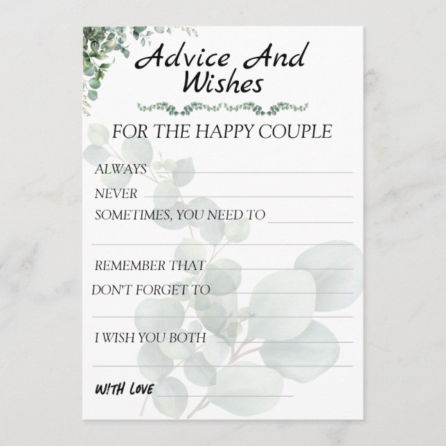 Eucalyptus Modern  Wedding Advice and Wishes Card (Front)