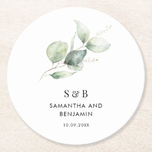 Eucalyptus Monogram Botanical Monogram Wedding Round Paper Coaster