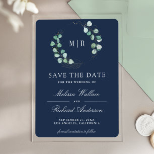 Eucalyptus Monogram Navy Wedding Save the Date Acrylic Invitations